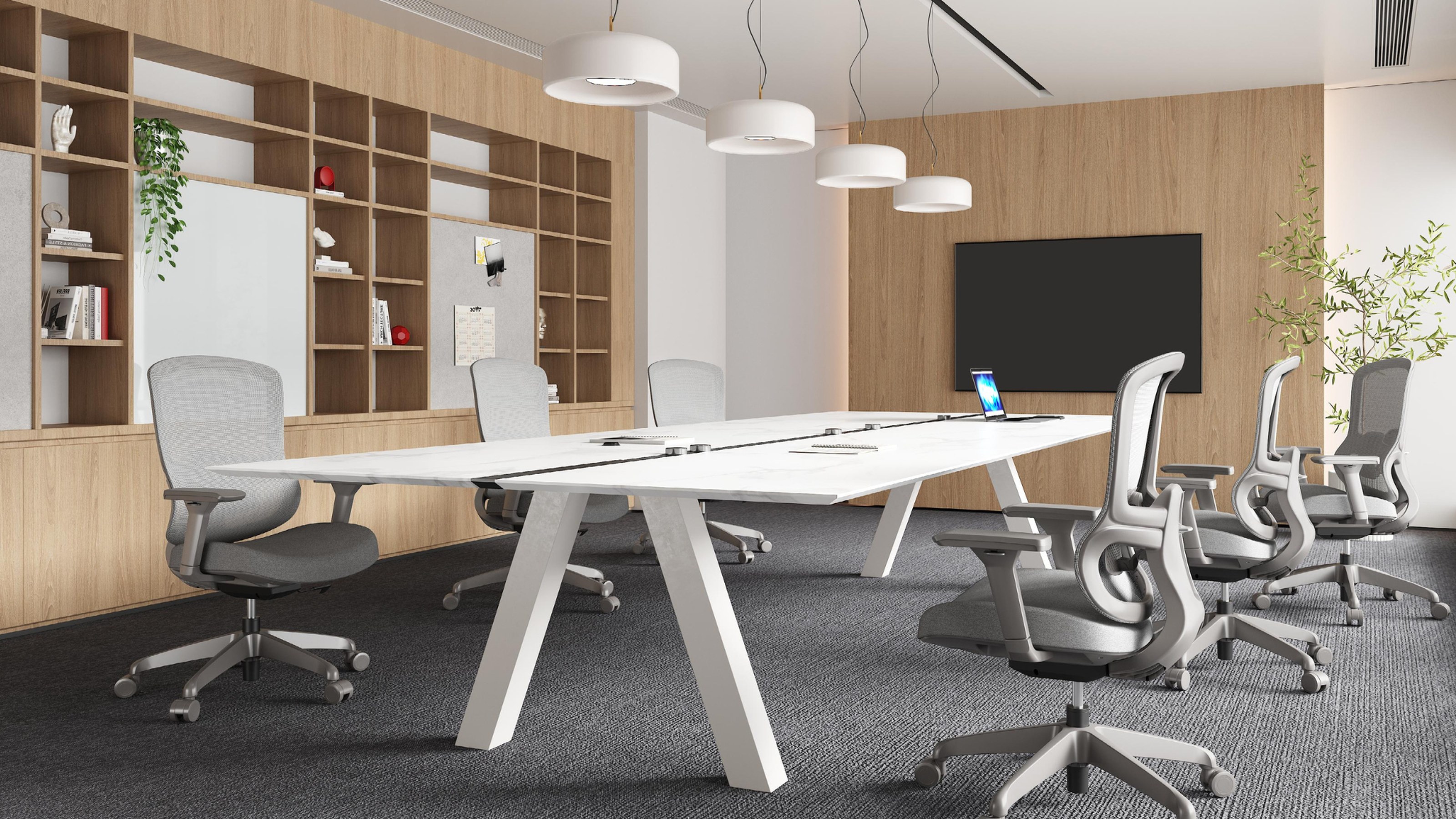 Ele meeting table with mesh task chairs in a timber-shelved conference room