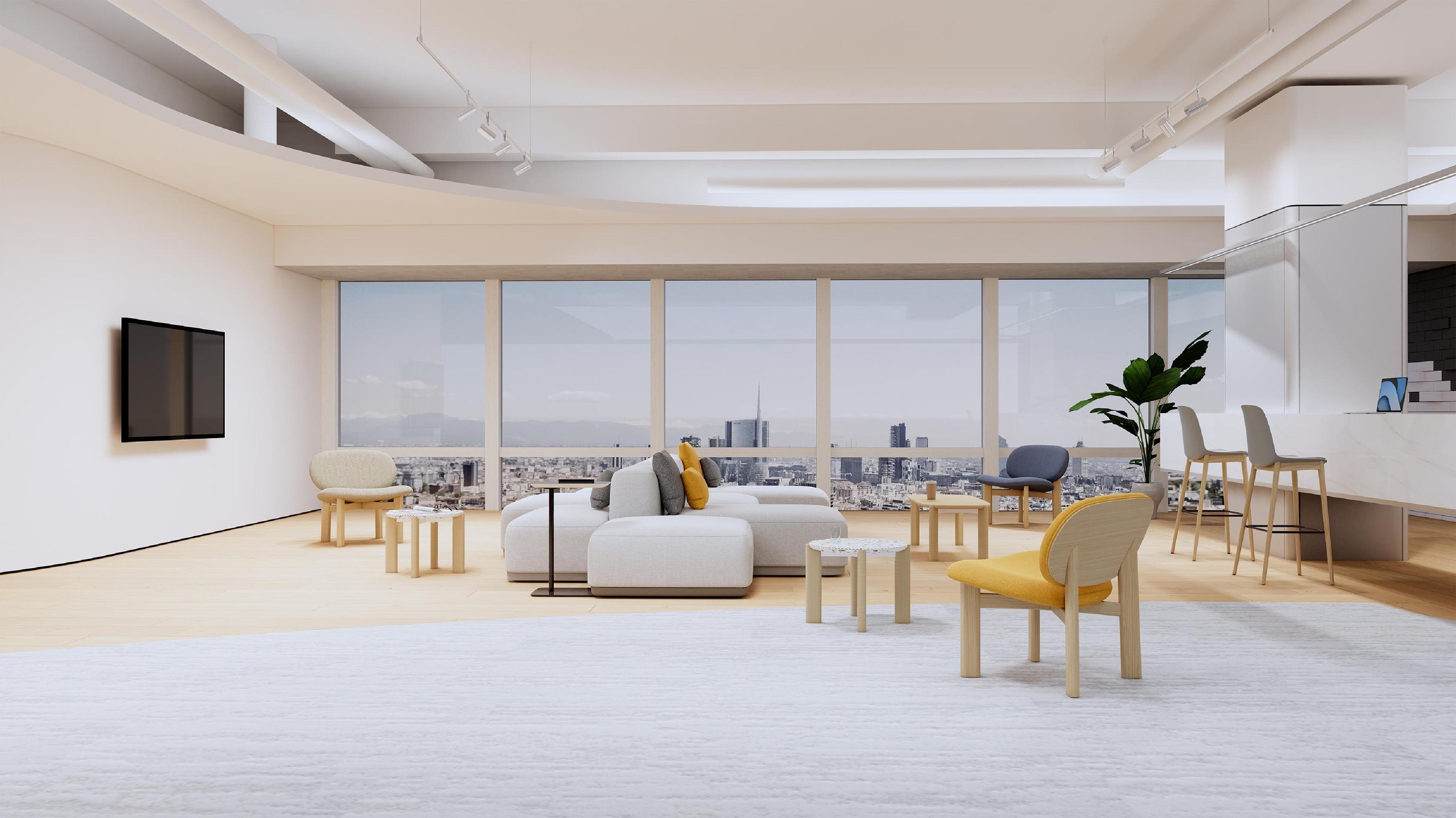 Penthouse lounge with a white modular sofa and yellow lounge chair over a city skyline