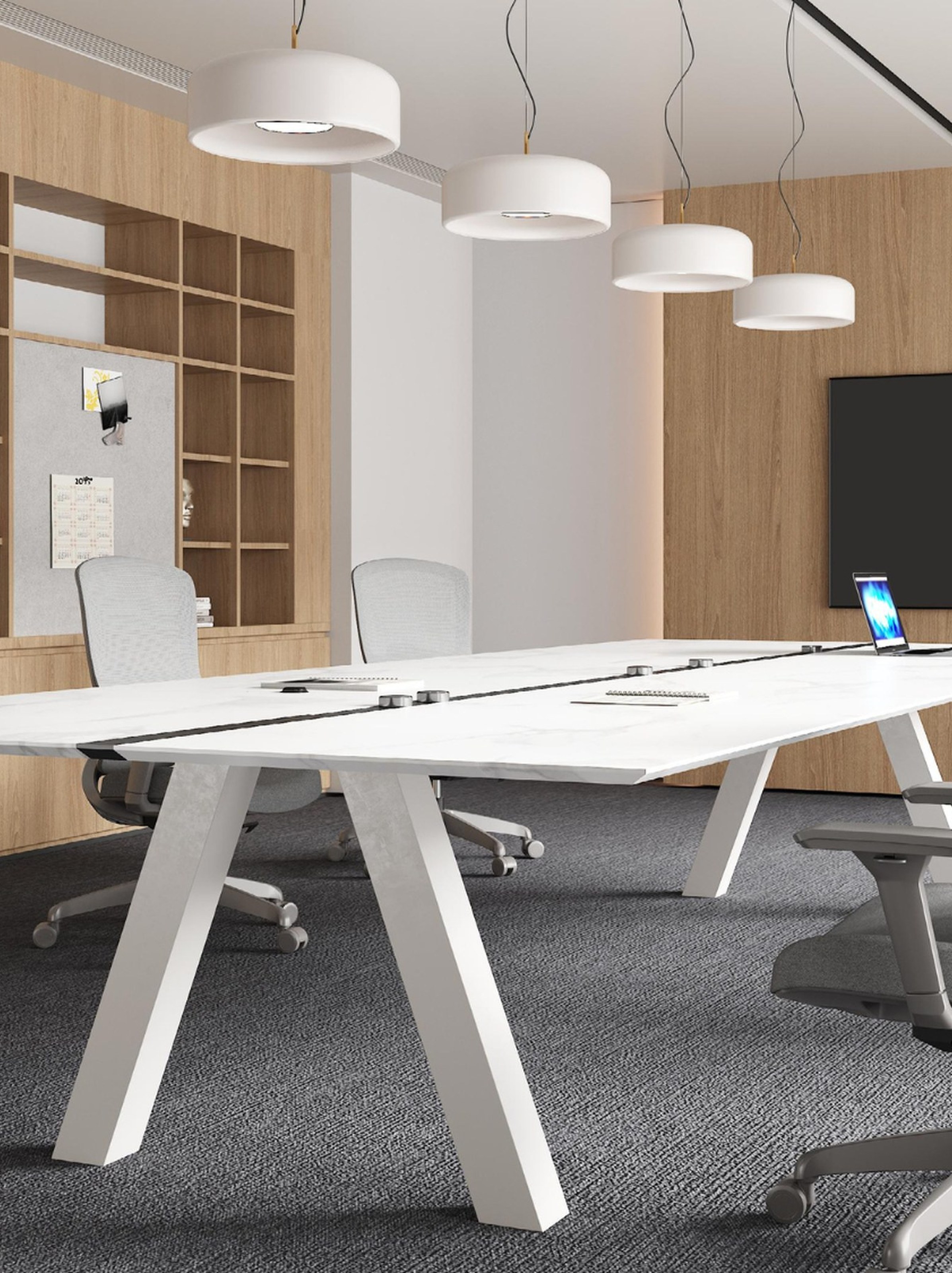 White meeting table under linear pendants in a timber-lined boardroom