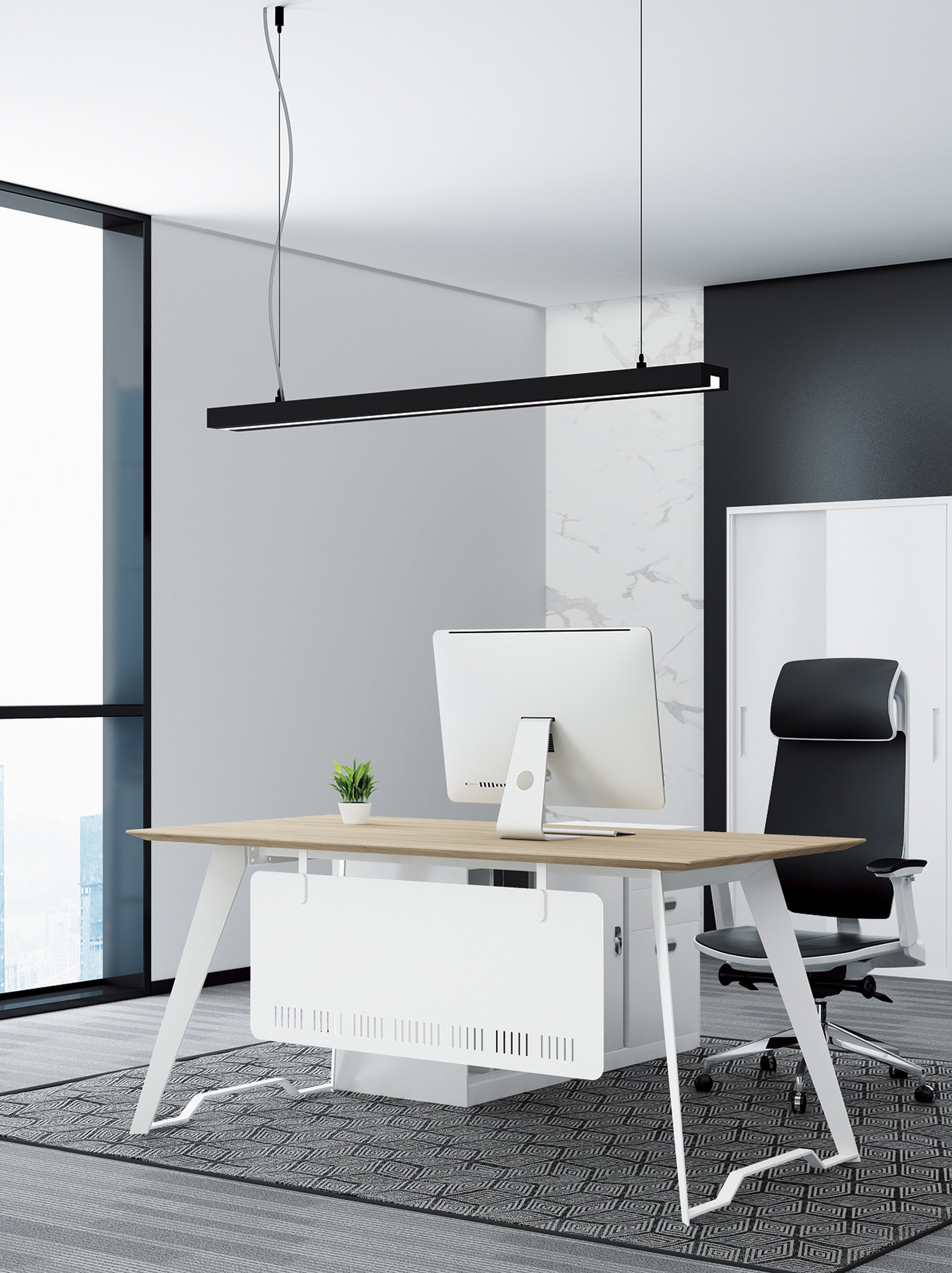 White A-frame executive desk with an oak top in a marble-and-glass office